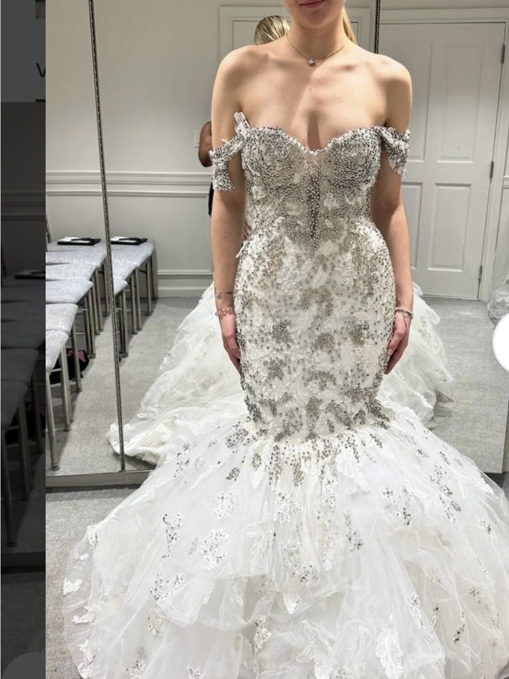 Stephen Yearick Off-Shoulder Mermaid Wedding Gown in White and Silver